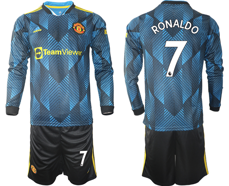 Men 2021-2022 Club Manchester united second away blue Long Sleeve #7 Soccer Jerseys->manchester united jersey->Soccer Club Jersey
